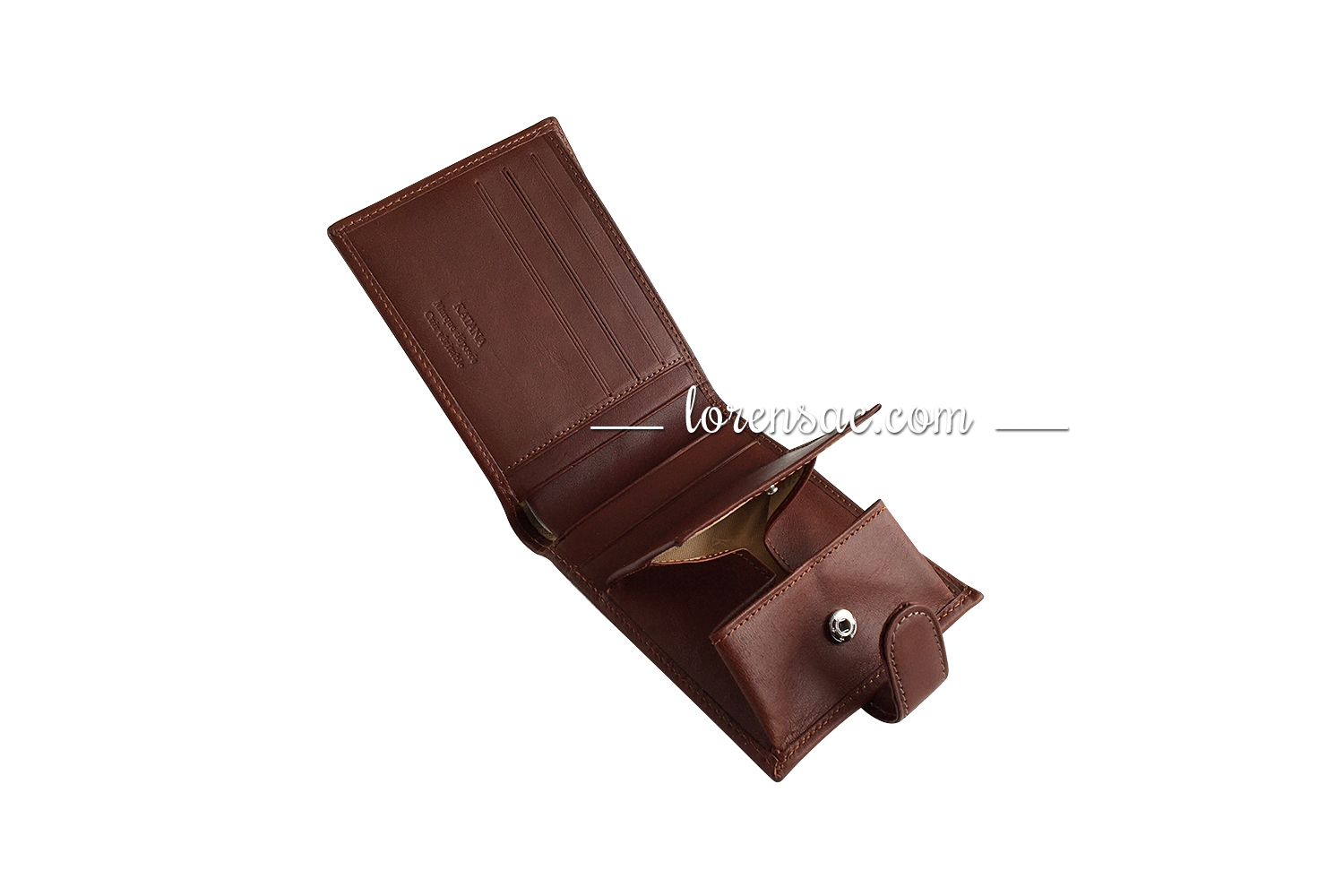 Compartiments pour pièces du portefeuille à rabat en cuir marron  compartiments intérieur pièces portefeuille à rabat en cuir marron