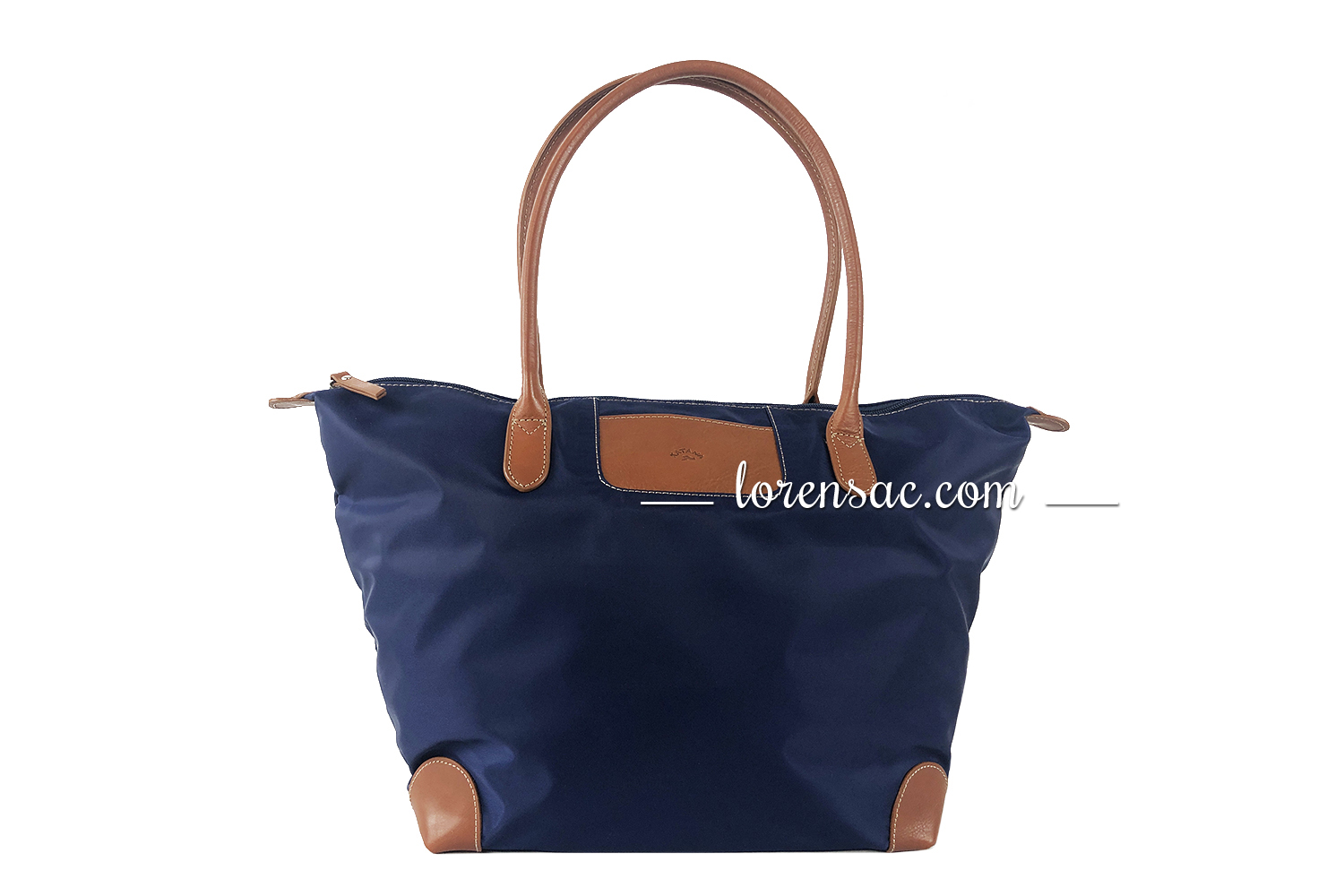 Avant du sac grand format femme bleu marine avec anse épaule cuir véritable marron Sac grand format femme bleu marine anse épaule cuir marron