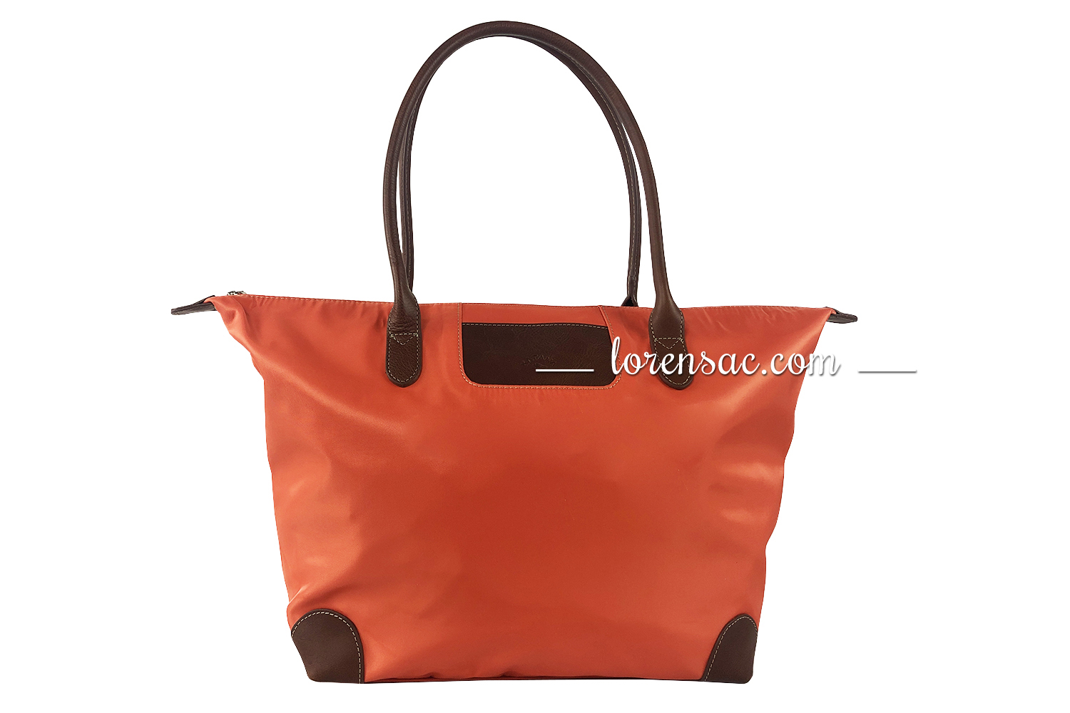 Avant du sac grand format femme orange avec anse épaule cuir véritable 
 Sac grand format femme orange anse épaule cuir marron foncé