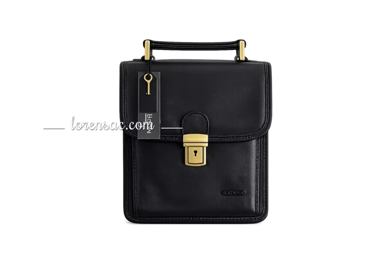 Sacoche homme vintage en cuir noir avec poignée et fermeture à serrure