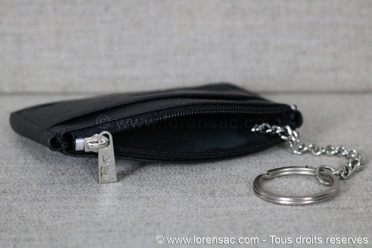 Intérieur du porte monnaie en cuir noir avec anneau clé Porte monnaie extra plat cuir ouvert de couleur noir