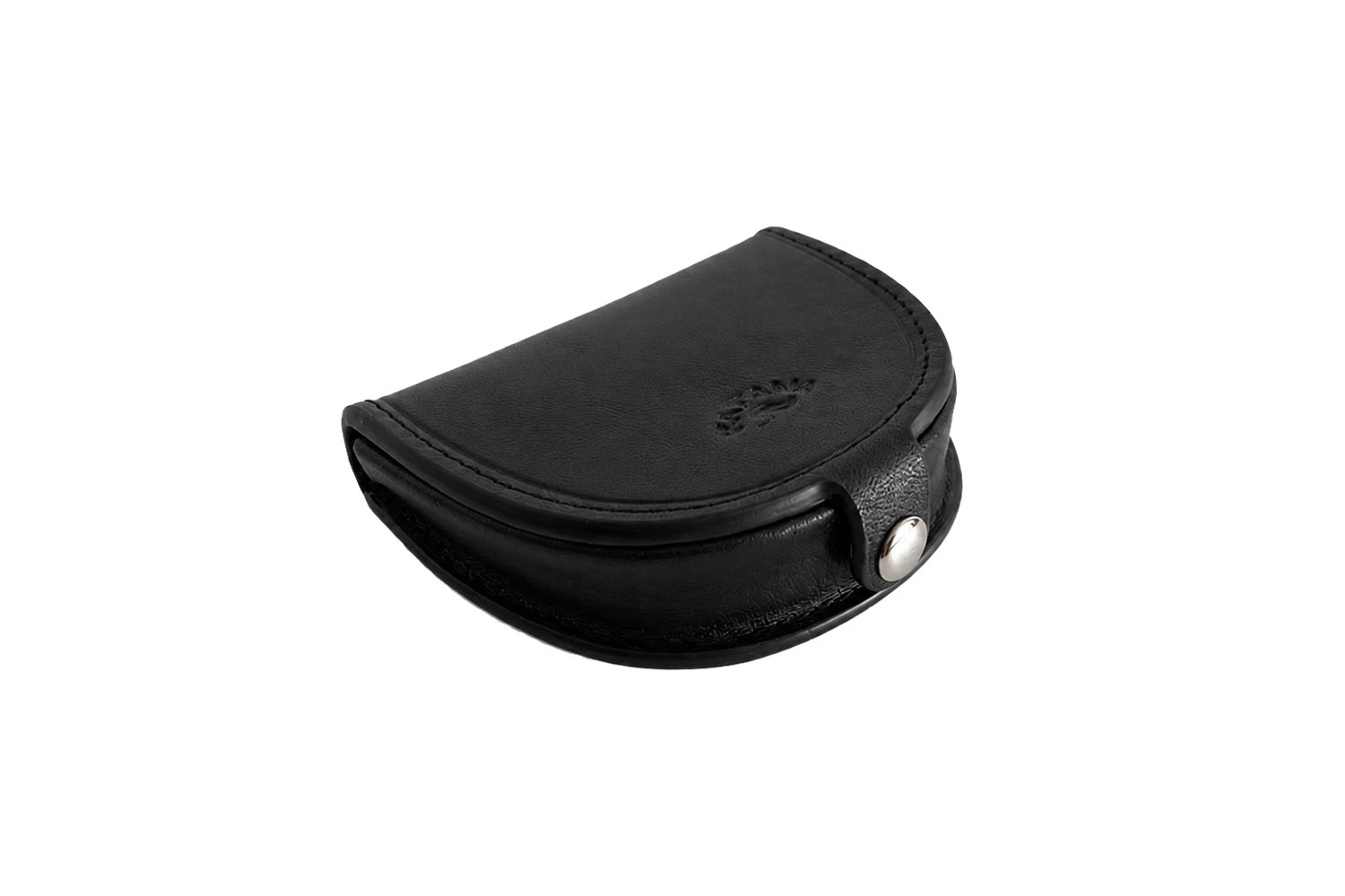Porte-monnaie cuvette en cuir noir avec fermeture à pression, format compact.