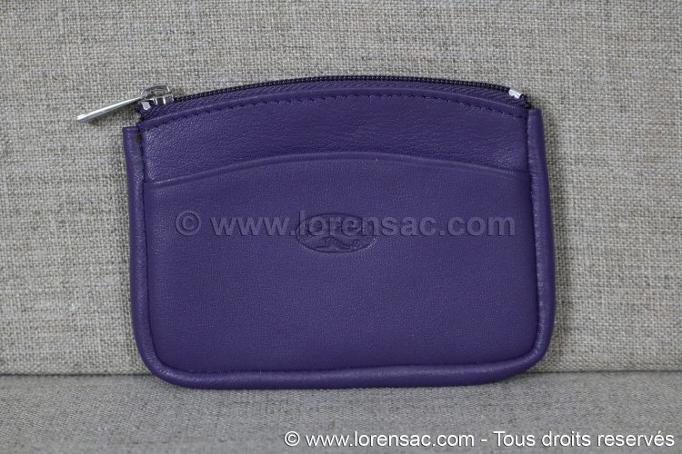 Face avant du porte monnaie extra plat cuir de vachette couleur violet Petite maroquinerie cuir couleur violet