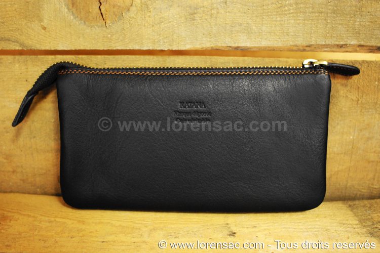 Face avant de la trousse en cuir véritable de vachette noire Trousse en cuir véritable noire