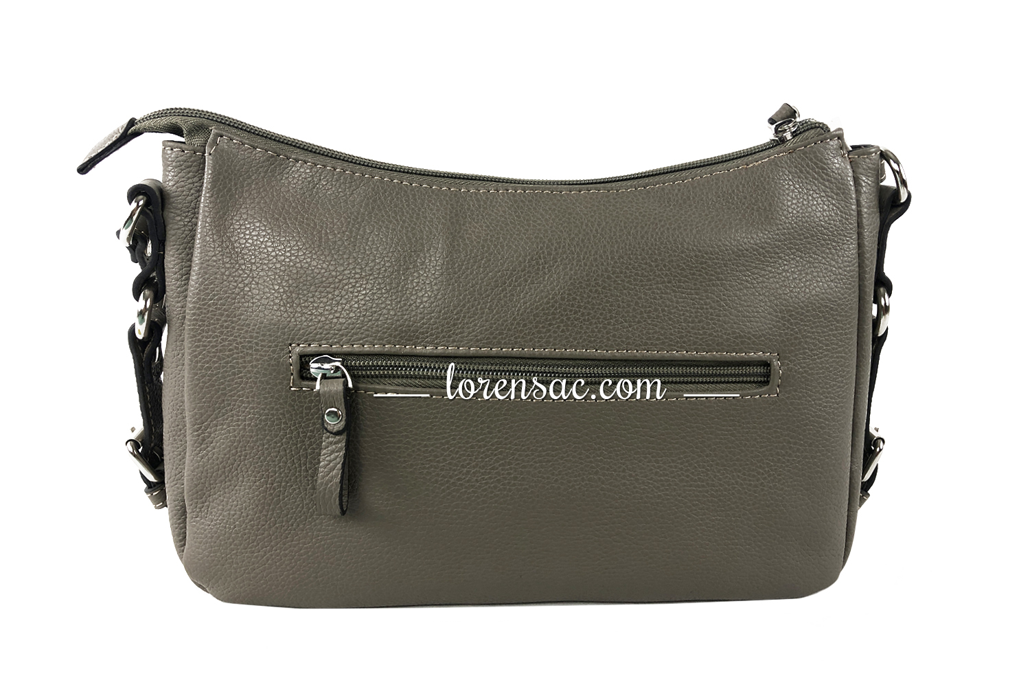 Face arrière du petit sac cuir bandoulière katana gris avec fermeture zippée Petit sac cuir bandoulière katana gris poche zippée