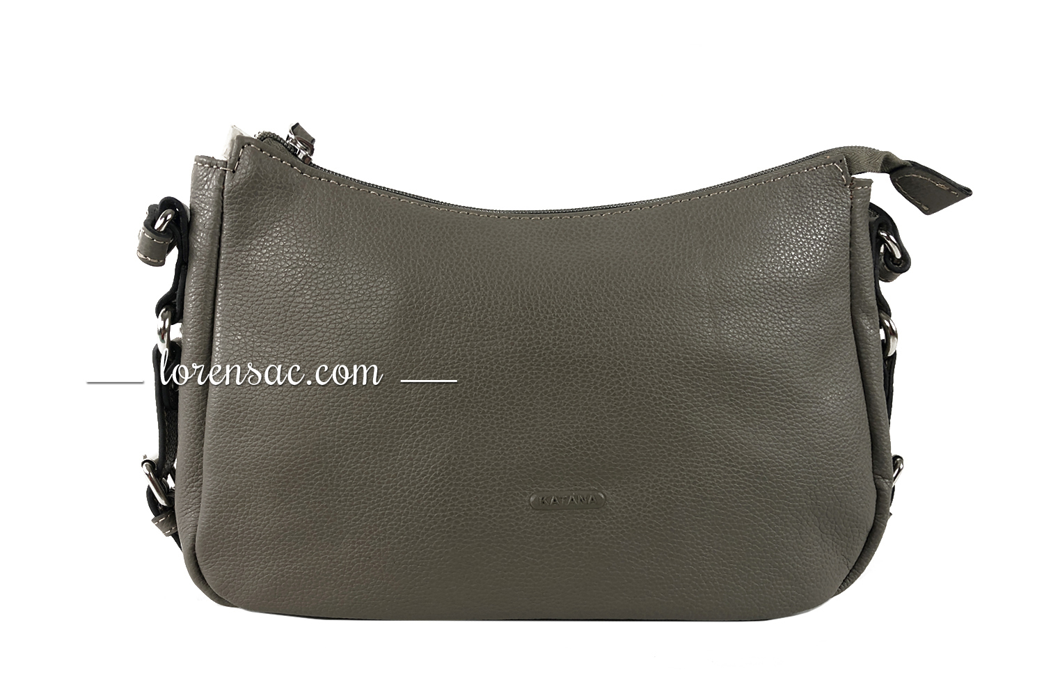 Face avant du petit sac femme à bandoulière Katana en cuir gris Petit sac femme bandoulière gris en cuir