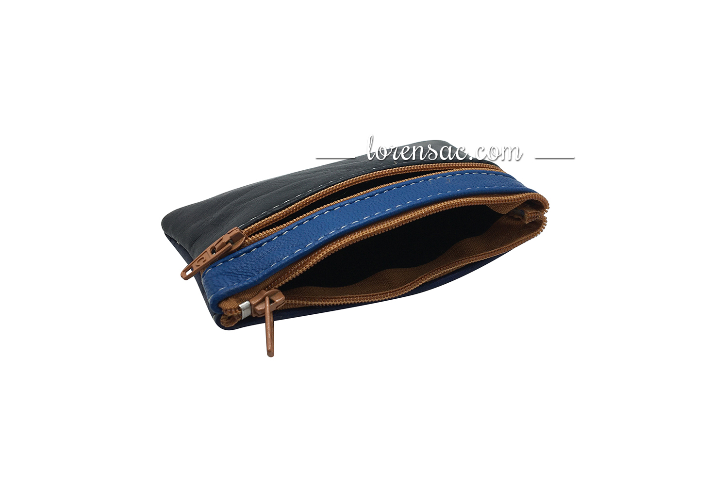 Intérieur du porte-monnaie en cuir original bicolore bleu et marron avec fermeture éclair  intérieur porte-monnaie cuir original bicolore bleu et marron à fermeture éclair