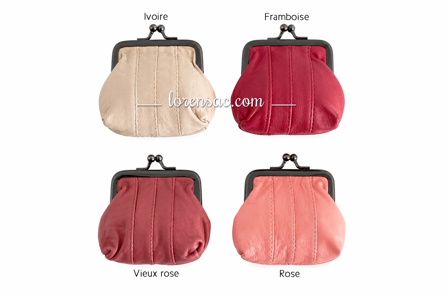 Porte-monnaie rétro en cuir véritable disponible en ivoire, framboise, vieux rose et rose. Porte monnaie rétro en cuir décliné en ivoire et rose