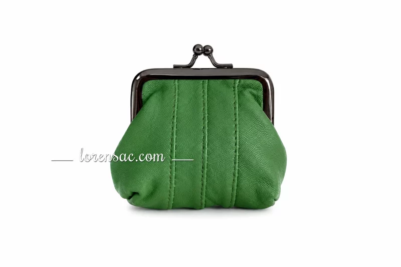 Porte monnaie vintage en cuir vert avec fermoir métallique rétro
