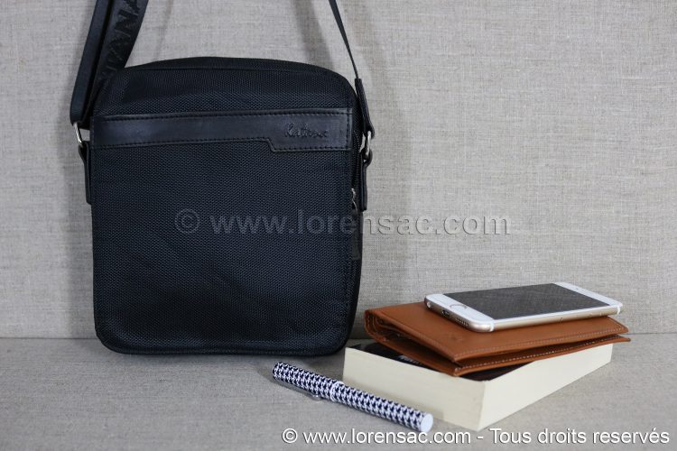 Face avant de la sacoche pour homme noire en cuir et nylon face avant sacoche homme pas cher noire en cuir et nylon Katana