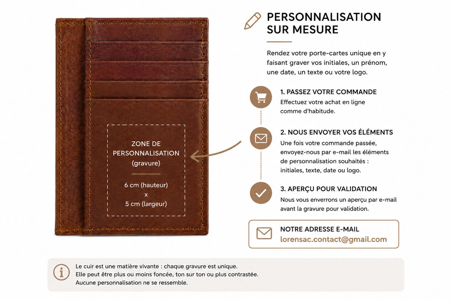 Zone de gravure et personnalisation sur mesure du porte carte en cuir véritable